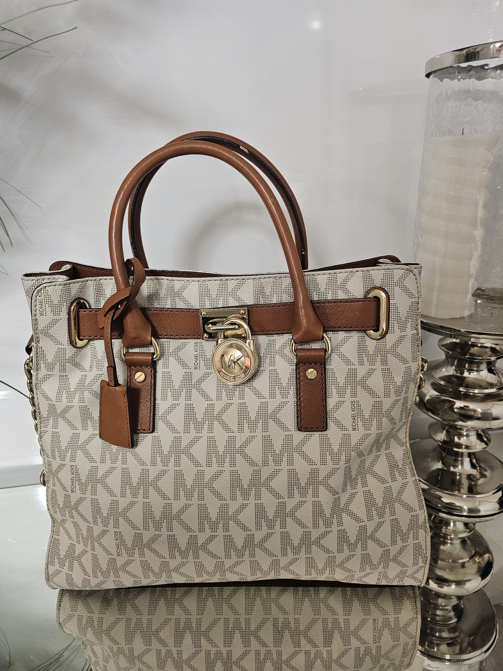 MICHAEL Michael Kors Beige MK Logo Satchel with Brown Leather Trim